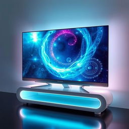 A futuristic TV model Q345D with a sleek, ultra-modern design, showcasing a science-themed display