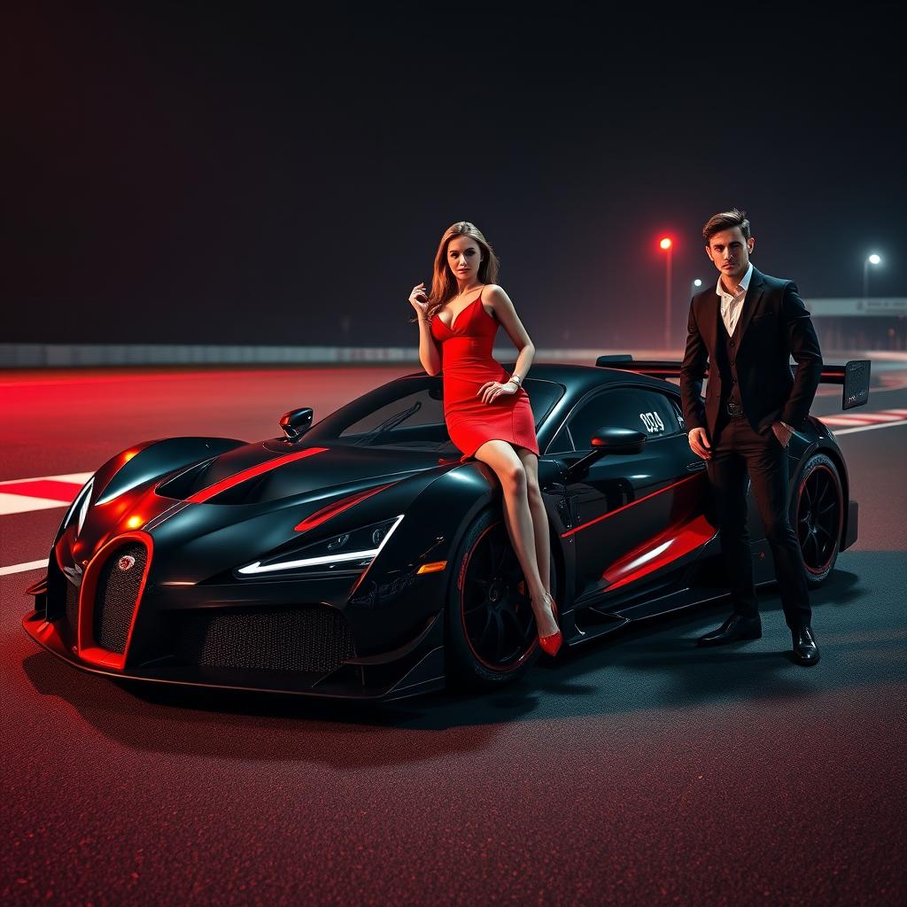 A sleek race car with a distinctive black and red color scheme, parked on a dimly lit racetrack