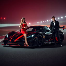 A sleek race car with a distinctive black and red color scheme, parked on a dimly lit racetrack