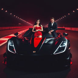 A sleek race car with a distinctive black and red color scheme, parked on a dimly lit racetrack