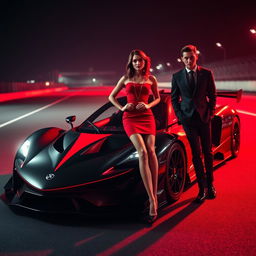 A sleek race car with a distinctive black and red color scheme, parked on a dimly lit racetrack