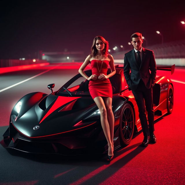 A sleek race car with a distinctive black and red color scheme, parked on a dimly lit racetrack