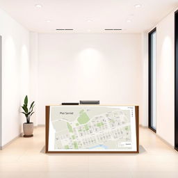 A simple and elegant real estate office environment specifically designed for plot sales, featuring a minimalistic background without people