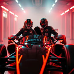 a female pilot wearing a helmet and a male pilot also wearing a helmet, both posing confidently beside a sleek, futuristic race car