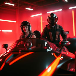 a female pilot wearing a helmet and a male pilot also wearing a helmet, both posing confidently beside a sleek, futuristic race car