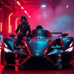 a female pilot wearing a helmet and a male pilot also wearing a helmet, both posing confidently beside a sleek, futuristic race car