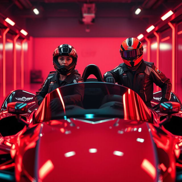 a female pilot wearing a helmet and a male pilot also wearing a helmet, both posing confidently beside a sleek, futuristic race car