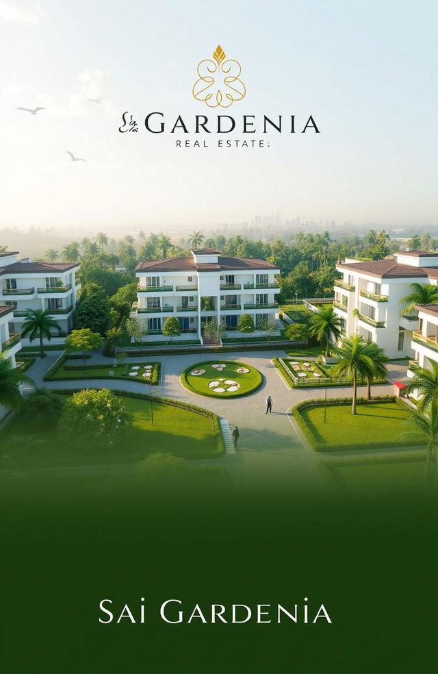 An elegant and creative real estate advertisement for Sai Gardenia, featuring a beautiful residential plot