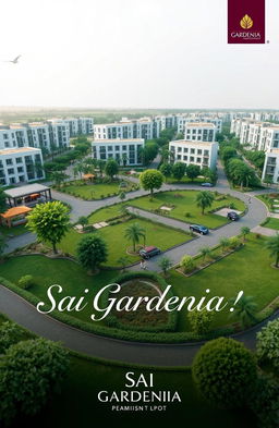 An elegant and creative real estate advertisement for Sai Gardenia, featuring a beautiful residential plot