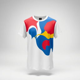 A stylish and modern T-shirt with a unique graphic design, featuring a vibrant abstract pattern in bold colors such as red, blue, and yellow