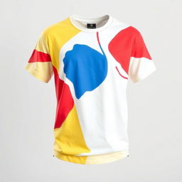 A stylish and modern T-shirt with a unique graphic design, featuring a vibrant abstract pattern in bold colors such as red, blue, and yellow