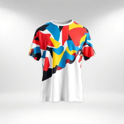 A stylish and modern T-shirt with a unique graphic design, featuring a vibrant abstract pattern in bold colors such as red, blue, and yellow