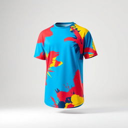 A stylish and modern T-shirt with a unique graphic design, featuring a vibrant abstract pattern in bold colors such as red, blue, and yellow