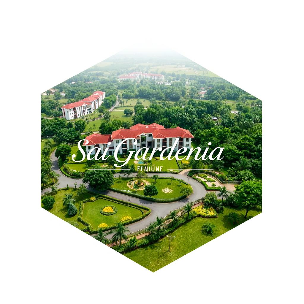 An elegant and creative real estate advertisement for Sai Gardenia, featuring a beautiful residential plot against a background of simple geometric shapes