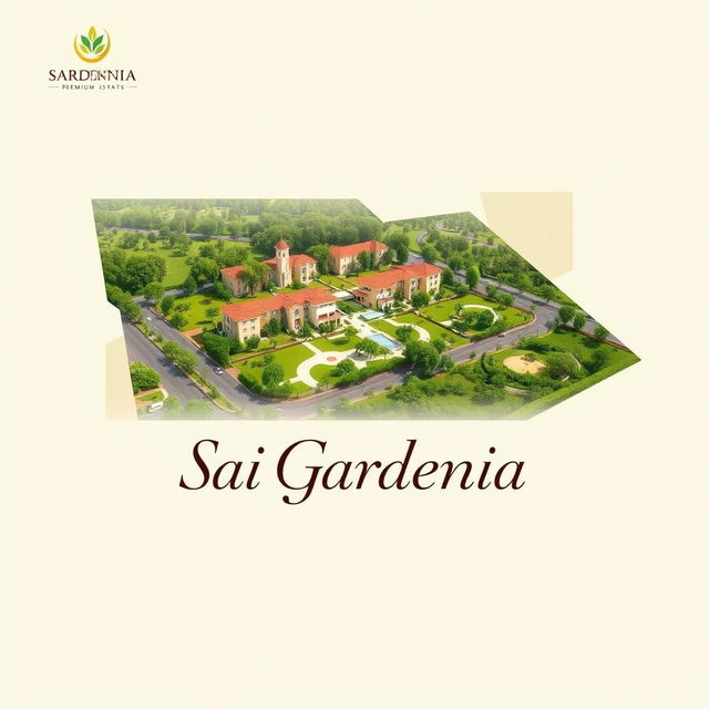 An elegant and creative real estate advertisement for Sai Gardenia, featuring a beautiful residential plot against a background of simple geometric shapes