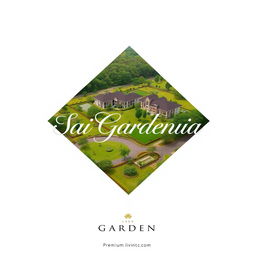 An elegant and creative real estate advertisement for Sai Gardenia, featuring a beautiful residential plot against a background of simple geometric shapes