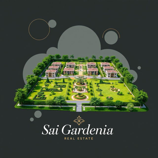 An elegant and creative real estate advertisement for Sai Gardenia, featuring a beautiful residential plot against a background of artistic geometric shapes