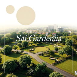 An elegant and creative real estate advertisement for Sai Gardenia, featuring a beautiful residential plot against a background of artistic geometric shapes