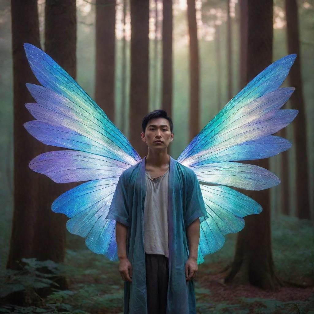 An Asian man with iridescent fairy wings, surrounded by towering trees in a mystical forest, bathed in the gentle glow of twilight.