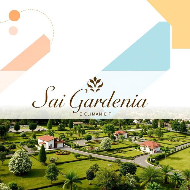 An elegant and creative real estate advertisement for Sai Gardenia, featuring a beautiful residential plot against a background of creative geometric shapes and unique colors