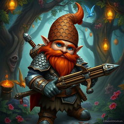 A ruddy tan, red-haired rock gnome artificer with sapphire blue eyes, wearing intricately designed scale mail armor