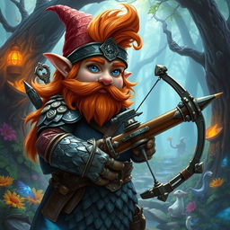 A ruddy tan, red-haired rock gnome artificer with sapphire blue eyes, wearing intricately designed scale mail armor