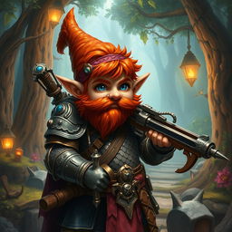 A ruddy tan, red-haired rock gnome artificer with sapphire blue eyes, wearing intricately designed scale mail armor