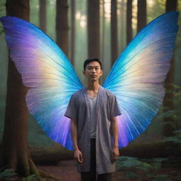 An Asian man with iridescent fairy wings, surrounded by towering trees in a mystical forest, bathed in the gentle glow of twilight.