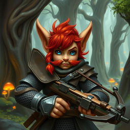 A rock gnome artificer with ruddy tan skin, fiery red hair, and striking sapphire eyes, wearing intricate scale mail armor