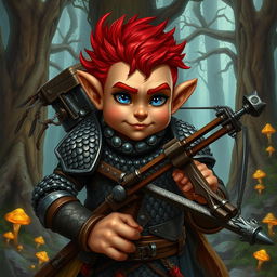 A rock gnome artificer with ruddy tan skin, fiery red hair, and striking sapphire eyes, wearing intricate scale mail armor