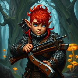 A rock gnome artificer with ruddy tan skin, fiery red hair, and striking sapphire eyes, wearing intricate scale mail armor