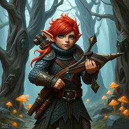 A rock gnome artificer with ruddy tan skin, fiery red hair, and striking sapphire eyes, wearing intricate scale mail armor