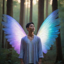 An Asian man with iridescent fairy wings, surrounded by towering trees in a mystical forest, bathed in the gentle glow of twilight.