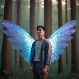 An Asian man with iridescent fairy wings, surrounded by towering trees in a mystical forest, bathed in the gentle glow of twilight.