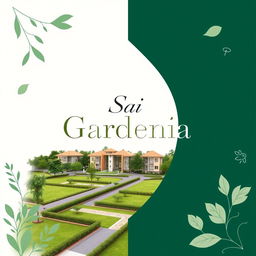 An elegant and creative real estate advertisement for Sai Gardenia, featuring a beautiful residential plot against a simple background with natural shapes and a unique dual color scheme