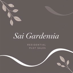 A refined real estate advertisement for Sai Gardenia residential plot sales, featuring a simple background with organic, natural shapes that evoke a sense of serenity and beauty