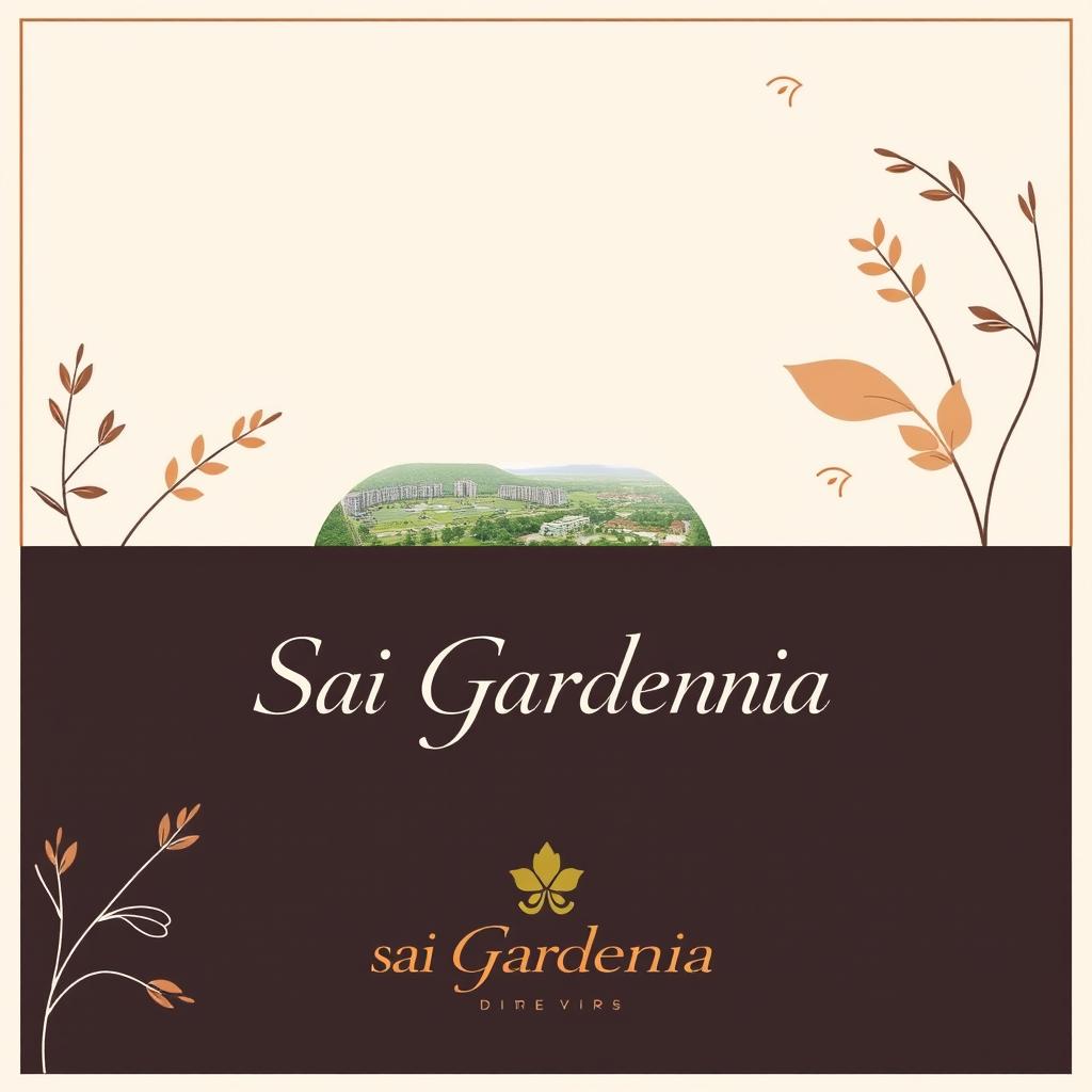 A sophisticated real estate advertisement for Sai Gardenia, featuring a beautiful residential plot against a simple background with natural shapes and a unique dual color scheme