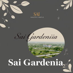 A sophisticated real estate advertisement for Sai Gardenia, featuring a beautiful residential plot against a simple background with natural shapes and a unique dual color scheme