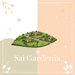 A sophisticated real estate advertisement for Sai Gardenia, featuring a beautiful residential plot against a simple background with natural shapes and a unique dual color scheme