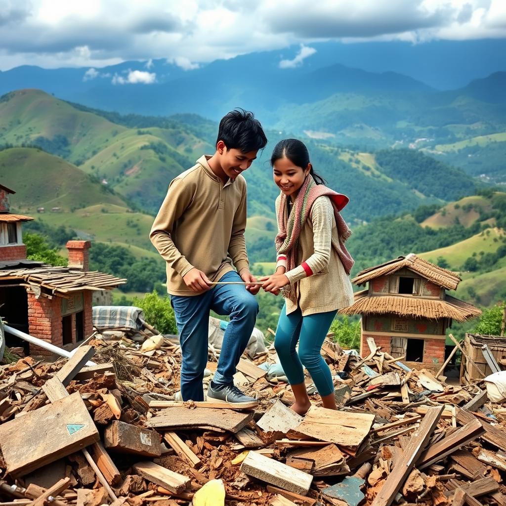 a heartfelt scene depicting a young couple in Nepal working together to rebuild their lives after a disaster