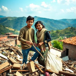 a heartfelt scene depicting a young couple in Nepal working together to rebuild their lives after a disaster