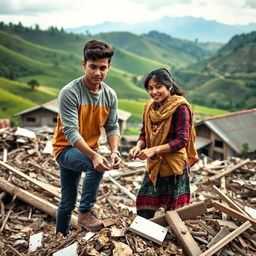 a heartfelt scene depicting a young couple in Nepal working together to rebuild their lives after a disaster