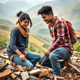 a heartfelt scene depicting a young couple in Nepal working together to rebuild their lives after a disaster