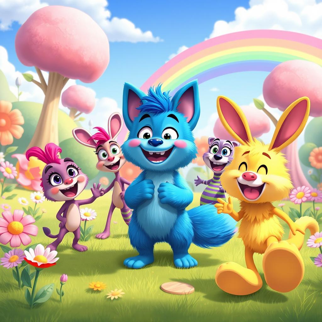 A vibrant and whimsical cartoon featuring Hagi Wagi, a playful character with bright blue fur and a friendly smile, engaging with his diverse group of friends in a colorful and imaginative world