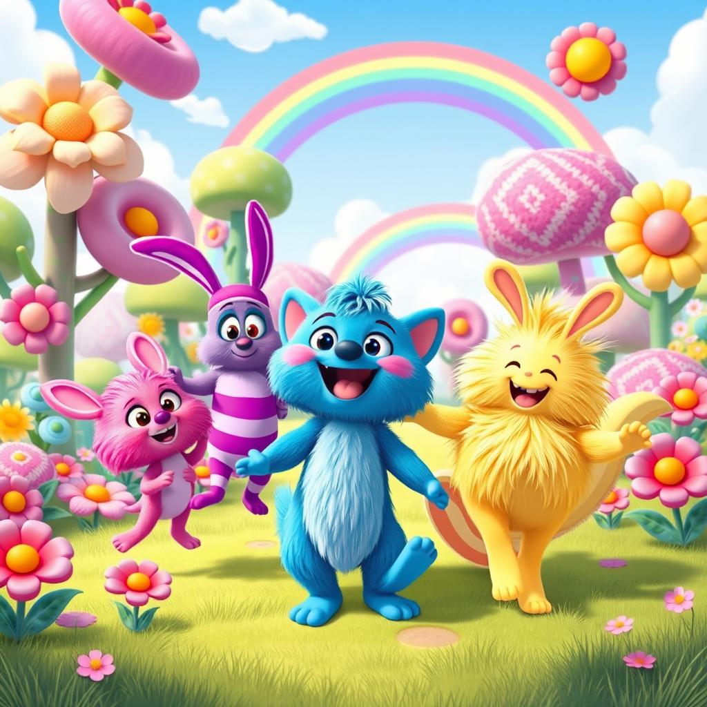 A vibrant and whimsical cartoon featuring Hagi Wagi, a playful character with bright blue fur and a friendly smile, engaging with his diverse group of friends in a colorful and imaginative world