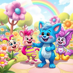 A vibrant and whimsical cartoon featuring Hagi Wagi, a playful character with bright blue fur and a friendly smile, engaging with his diverse group of friends in a colorful and imaginative world