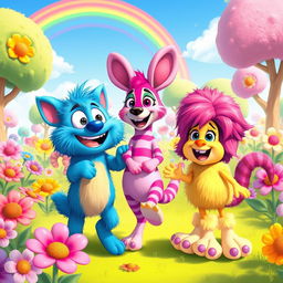 A vibrant and whimsical cartoon featuring Hagi Wagi, a playful character with bright blue fur and a friendly smile, engaging with his diverse group of friends in a colorful and imaginative world