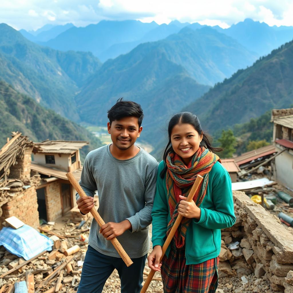 a young Nepalese couple working together to rebuild their home and community after a natural disaster