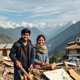 a young Nepalese couple working together to rebuild their home and community after a natural disaster