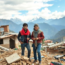 a young Nepalese couple working together to rebuild their home and community after a natural disaster